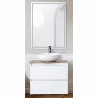 Комплект мебели для ванной BelBagno SET-KRAFT-600-BO-C-BB344-LOY-GRT-600/800 с зеркалом и смесителем Bianco Opaco, столешница - Cemento (без нанесения узора)