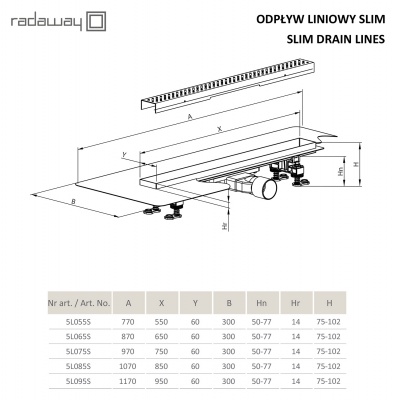 Линейный трап для душа Radaway RadаDrain Slim 75 для плитки 8-12 мм с решеткой SlimRain