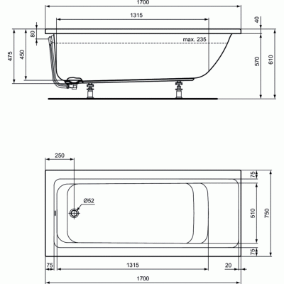 Акриловая ванна Ideal Standard Connect Air E106401 170х75 без гидромассажа
