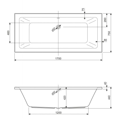 Акриловая ванна Cezares Plane Mini 170x75 без гидромассажа