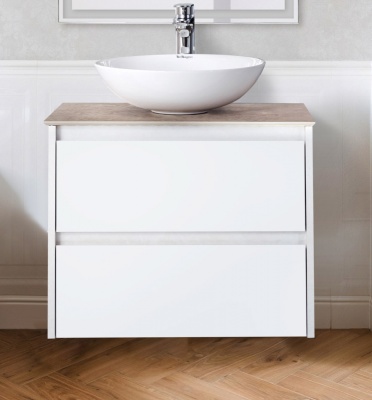 Комплект мебели для ванной BelBagno SET-KRAFT-600-BO-C-BB344-LOY-GRT-600/800 с зеркалом и смесителем Bianco Opaco, столешница - Cemento (без нанесения узора)