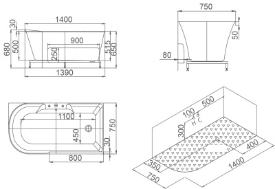 Акриловая ванна SSWW M618 140х75 L без гидромассажа