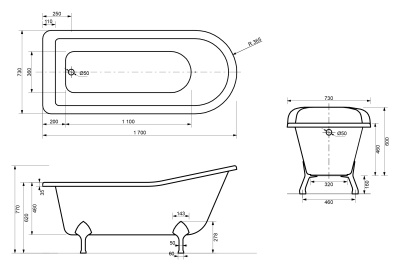 Ванна из искусственного камня Эстет Царская 170x73 Белая