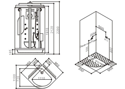 Душевая кабина SSWW WU106A 95x95 с гидромассажем профиль Белый задние стенки Белые