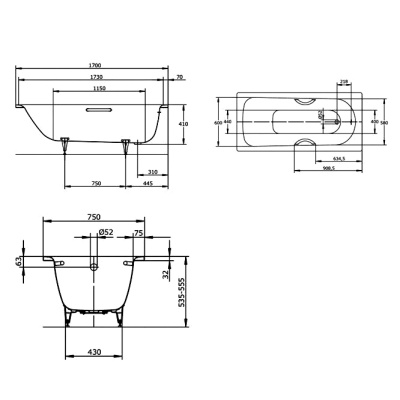 Стальная ванна Kaldewei Saniform Plus Star 336 170х75 с отверстиями под ручки без покрытия