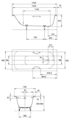 Стальная ванна Kaldewei Saniform Plus Star 335 170x70 с отверстиями под ручки без покрытия