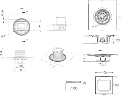 Душевой трап Berges Wasserhaus Zentrum Antik 100x100 092364 с решеткой Золото глянец