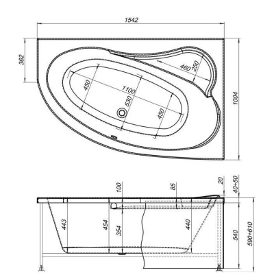Акриловая ванна Aquanet Luna 155x100 R 00203999+242136+204668 с гидромассажем