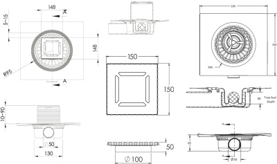 Душевой трап Berges Wasserhaus Zentrum Antik 150x150 092365 с решеткой Золото глянец