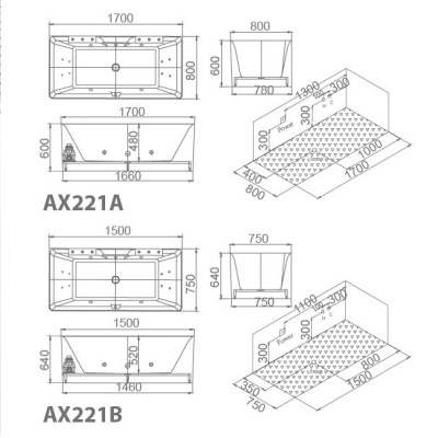 Акриловая ванна SSWW AX221A BGSN 170х80 с гидромассажем