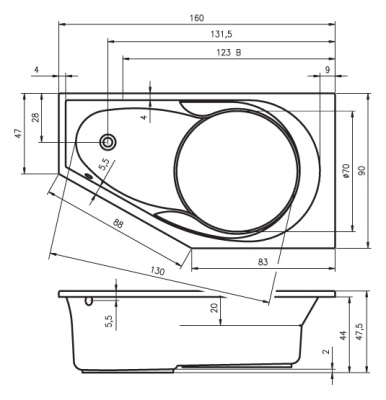 Акриловая ванна Riho Yukon 160x90 L без гидромассажа