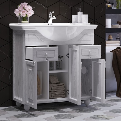 Тумба под раковину Opadiris Тибет 80 00-00002550 с объемной филенкой Ясень ручки Белое серебро