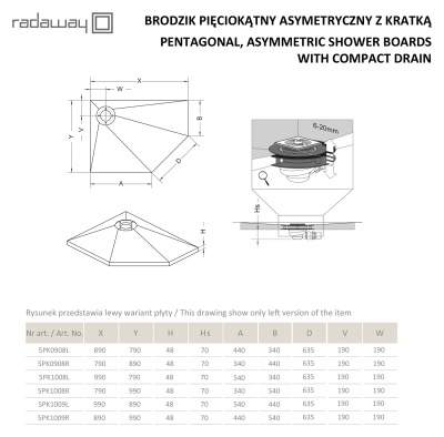 Душевая плита Radaway RadаDrain 99x89 пятиугольная L с решеткой