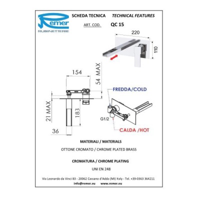 Смеситель для раковины Remer Qubica Cascata QC15 Хром