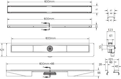 Душевой лоток Berges Wasserhaus B1 Keramik 600 090017 с решеткой Матовый хром