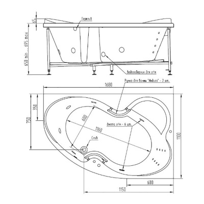 Акриловая ванна BellSan Индиго 168x110 с ручками без гидромассажа