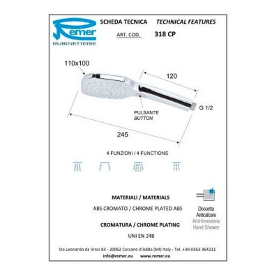 Лейка для душа Remer 318CP Хром