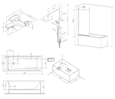 Комплект акриловой ванны со шторкой и душевой системой AM.PM Gem 150x70 W90ASET-150D8 без гидромассажа