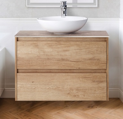 Комплект мебели для ванной BelBagno SET-KRAFT-700-RNN-CDEC-BB344-LOY-GRT-600/800 с зеркалом и смесителем Rovere Nebrasca Nature, столешница - Cemento Decorato (с нанесением узора)