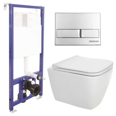 Комплект унитаза Berges Wasserhaus Quad Rimless с инсталляцией 044213 с сиденьем Микролифт и клавишей смыва Хром Комплект унитаза Berges Wasserhaus Quad Rimless с инсталляцией 044213 с сиденьем Микролифт и клавишей смыва Хром