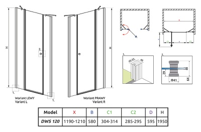 Душевая дверь в нишу Radaway Eos II DWJS 120x195 профиль хром, стекло прозрачное, крепления слева