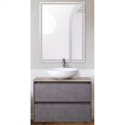 Комплект мебели для ванной BelBagno SET-KRAFT-700-PG-C-BB344-LOY-GRT-600/800 с зеркалом и смесителем Pietra Grigio, столешница - Cemento (без нанесения узора)