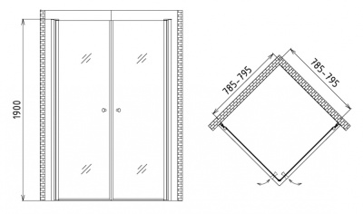 Душевой уголок Gemy New Rockcoco 80х190 квадратный две распашные дверцы профиль Хром стекло прозрачное