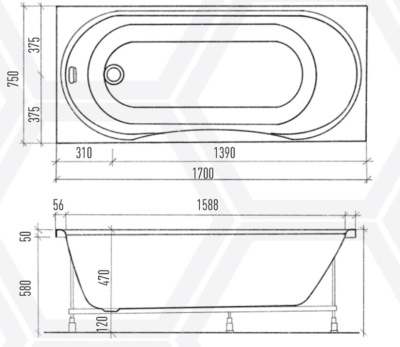 Акриловая ванна Eurolux Bath Olive 170х75 E1017075026 без гидромассажа