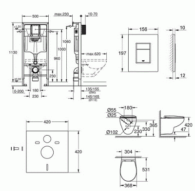 Комплект унитаза с инсталляцией Grohe Solido Compact 39586000 с сиденьем Микролифт и клавишей смыва Хром