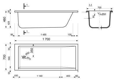 Ванна из искусственного камня Эстет Дельта 170x70 Белая