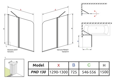 Шторка на ванну Radaway Eos II PND 130x150 профиль хром, стекло прозрачное, крепления слева