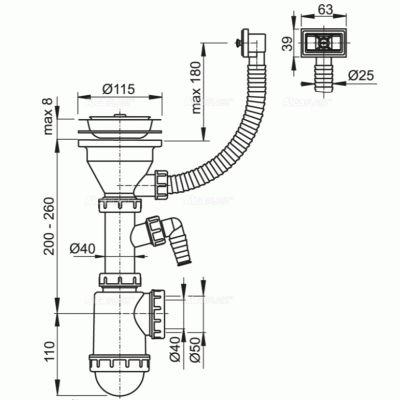 Сифон для кухонной мойки Alcaplast A447P-DN50/40 Белый Сифон для кухонной мойки Alcaplast A447P-DN50/40 Белый