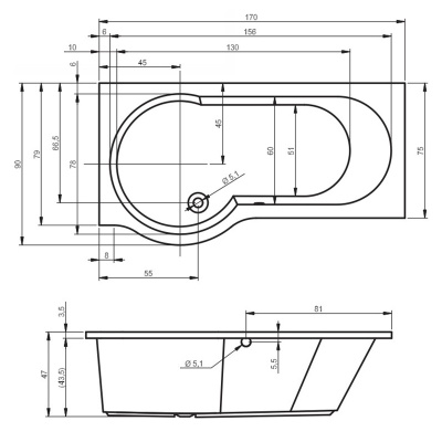 Акриловая ванна Riho Dorado 170x75 L без гидромассажа