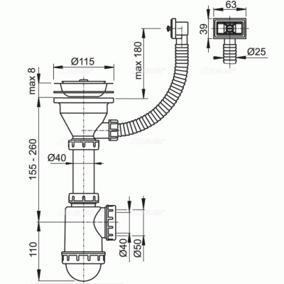 Сифон для кухонной мойки Alcaplast A447-DN50/40 Белый