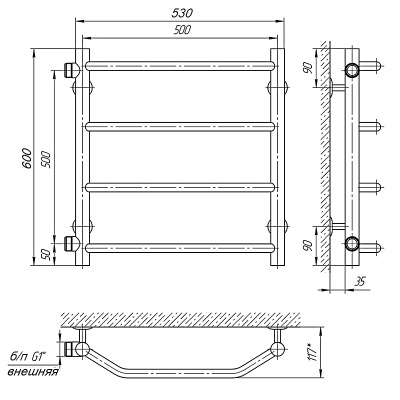Водяной полотенцесушитель Laris Виктория П4 60х50 1 Хром