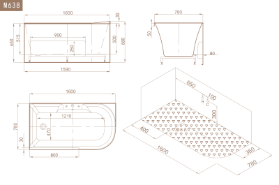 Акриловая ванна SSWW M638 160х75 R без гидромассажа