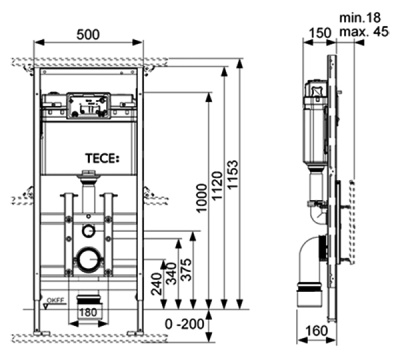 Инсталляция Tece Lux 100 9600100 для подвесного унитаза без панели смыва