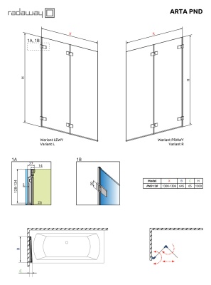 Шторка на ванну Radaway Arta PND 130 L фурнитура Хром стекло прозрачное