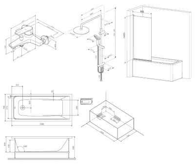Комплект акриловой ванны со шторкой и душевой системой AM.PM Gem 150x70 W90ASET-150D8 без гидромассажа