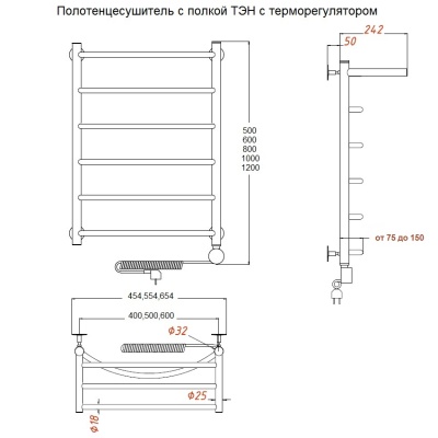 Электрический полотенцесушитель Тругор Браво 3 П элТЭН 80x60 с полкой Хром