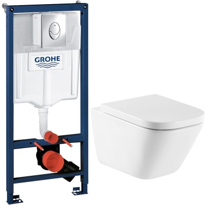 Комплект унитаза Roca The Gap Clean Rim 34647L000 с инсталляцией Grohe Rapid SL 38721001 с сиденьем Микролифт и клавишей смыва Хром