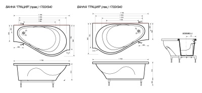 Ванна из искусственного камня Эстет Грация 170x94 Белая левая