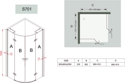 Душевой уголок Black&White Stellar Wind S701-900x900 радиальный профиль Серебристый хром стекло прозрачное