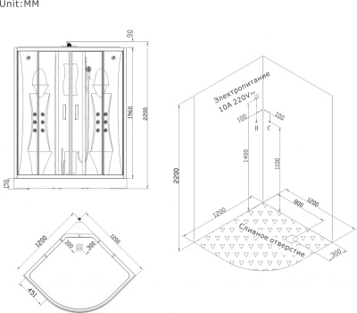 Душевая кабина SSWW WU108A 120х120 с гидромассажем профиль Белый задние стенки Белые
