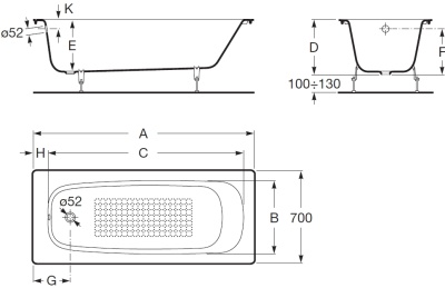 Чугунная ванна Roca Continental 100x70 211507001 без антискользящего покрытия