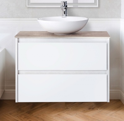 Комплект мебели для ванной BelBagno SET-KRAFT-700-BO-C-BB344-LOY со смесителем Bianco Opaco, столешница - Cemento (без нанесения узора)