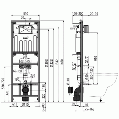 Монтажная рама Alcaplast A108F/1500 для видуара и смесителя Черная