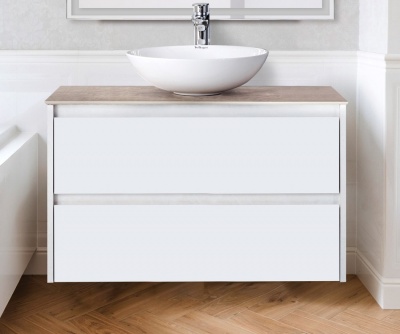 Комплект мебели для ванной BelBagno SET-KRAFT-800-BO-C-BB344-LOY-GRT-800/800 с зеркалом и смесителем Bianco Opaco, столешница - Cemento (без нанесения узора)