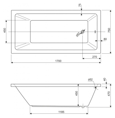 Акриловая ванна Cezares Plane Solo 170x75 Белая