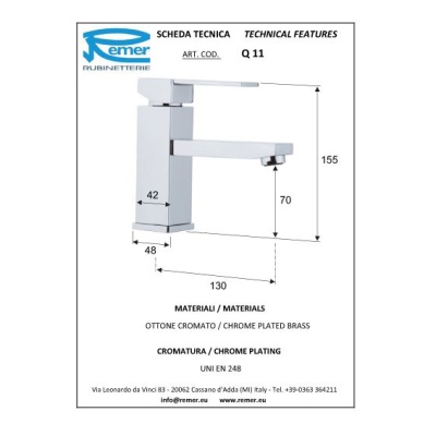 Смеситель для раковины Remer Qubica Q11 Хром